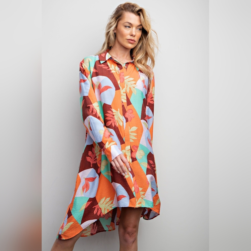 ⭐P9-0329Retro 70s High Low Mosaic Shirt Dress *Boutique* - Picture 5 of 6